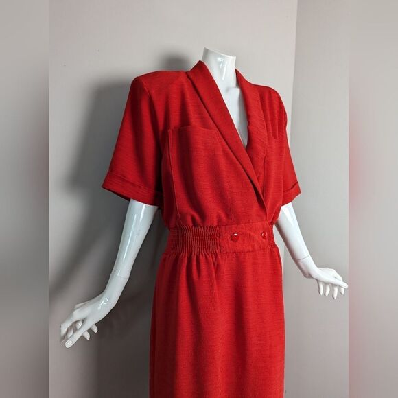 Vintage RedâFaux Wrap Midi Dress Womenâs XL Cinched Waist Shoulder Pads - Picture 5 of 10